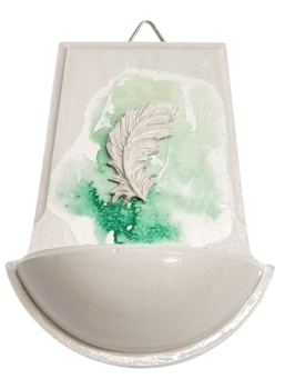 Weihwasser Becken mit Feder klein (assortierte Hintergrundfarben)