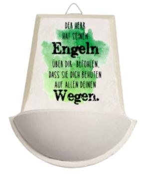 Weihwasser Becken "der Herr hat seinen Engeln über dir befohlen, dass sie dich behüten auf allen deinen Wegen" grün