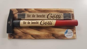 Geschenk Hammer + Meter als SET mit gerbannter Holzunterlage