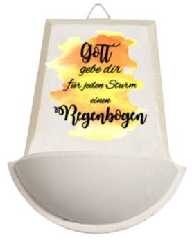 Weihwasser Becken "Gott gebe dir für jeden  Sturm einen Regenbogen" gelb