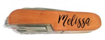 edles Sack- / Taschenmesser in Holzoptik mit eingebranntem Namen - Schriftart 'Geschwungen'